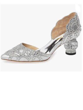 XYD Silver Pointed Toe D'Orsay Crystal Chunky Low Heel Rhinestone Slip-On Pump